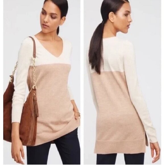 Ann Taylor Colorblock Sweater  Merino Wool Blend Cream/Tan Size XS - Picture 1 of 5